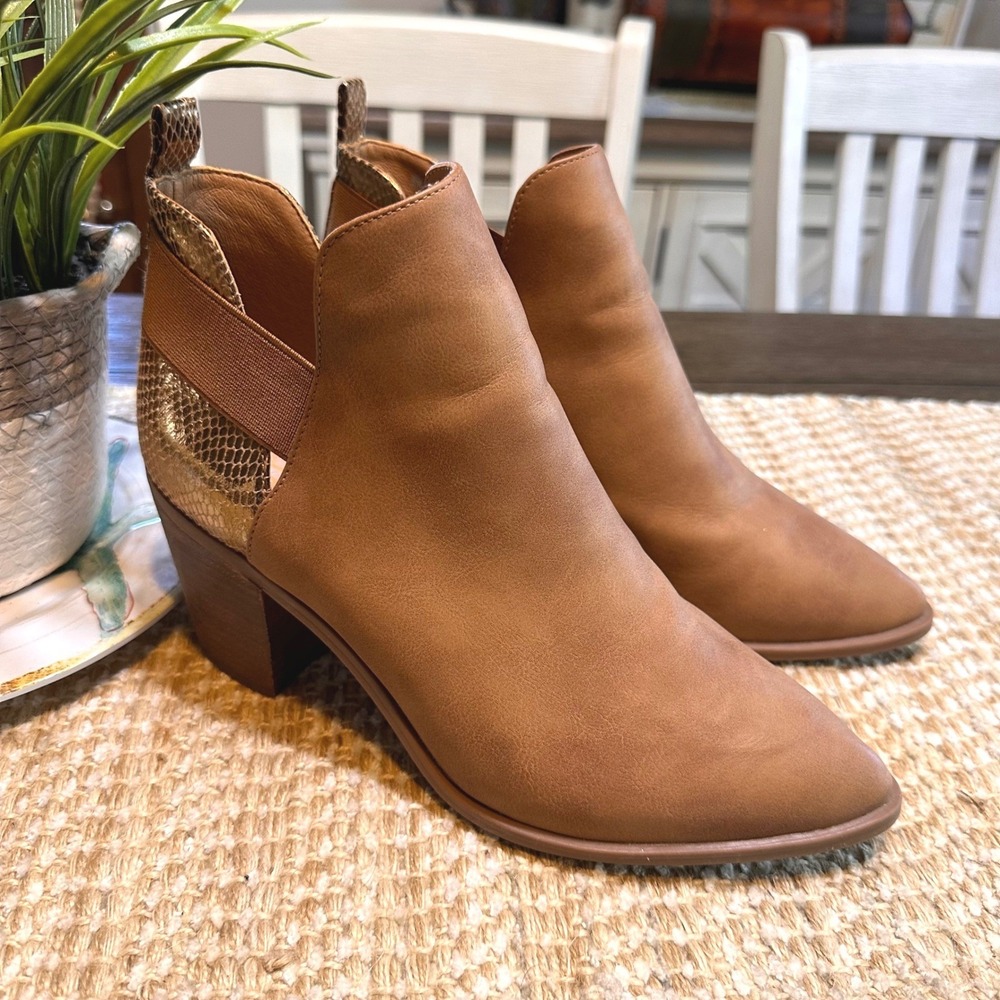 Dolce Vita Brown Fig Gold Snake Print Ankle Booties‎ Block Heel 9.5